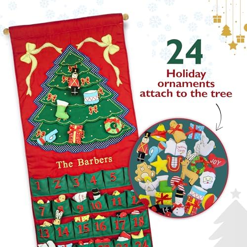 Personalized Christmas Green Tree Advent Calendar by Pockets of Learning | Family Festive Holiday Décor, Seasonal Fabric Wall Hanging | Cloth Christmas Countdown w/ 24 Stuffed Cloth Ornaments