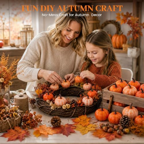HANSGO 50 PCS Artificial Pumpkins with Pinecones Acorns and Maple Leaves