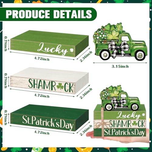 Geelin 4 Pcs St. Patrick's Day Table Decorations Wooden Shamrocks Rustic Tiered Tray Decor with Green Truck, Irish Farmhouse Shelf Centerpiece for Home Kitchen Living Room Holiday Decoration
