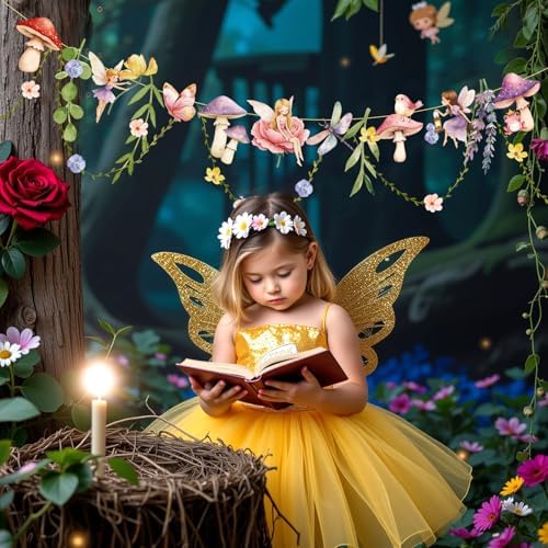 Fairy Mushroom Banner Wildflower Party Decorations Paper Flower Leaves Banner Fairy Garland for Wall Decoration Spring Baby Shower Wedding Backdrop Decorations