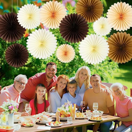 BestoFun 12PCS Paper Fans Brown Neutral Boho Party Decorations Tissue Paper Flowers Paper Fans Party Decorations for Girl Groovy Birthday Baby Shower Wedding Bachelorette Room Wall Hanging Décor