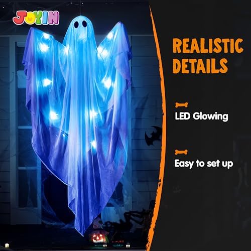 JOYIN Halloween Hanging Light up Ghost, 47” White Ghosts with Blue LED Light and Timer Halloween Hanging Decoration Waterproof for Front Yard Patio Lawn Garden Party Decor Indoor Outdoor
