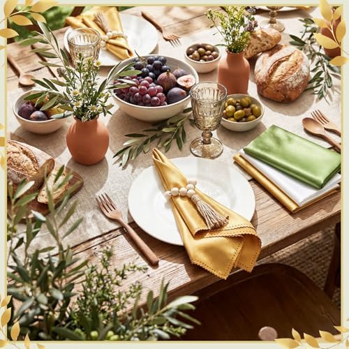 LemonRoad 36 Pcs Napkin Rings Set 12 Wood Bead Napkin Rings, 24 Cloth Napkins Boho Farmhouse Table Decorations Dinnerware Sets, Banquet, Wedding, Holiday Dinner Party