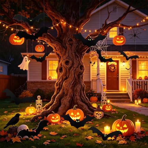 JoFAN 12 Pack Halloween Hanging Bats 3D Realistic Spooky Black Flying Bat for Halloween Decorations Outdoor Indoor Yard Lawn Halloween Party Supplies