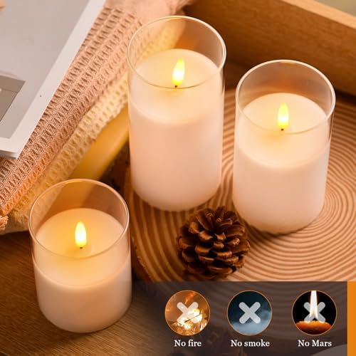 Tyawon Glass Battery Operated LED Flameless Candles with Remote and Timer, Real Wax Candles Warm Color Flickering Light