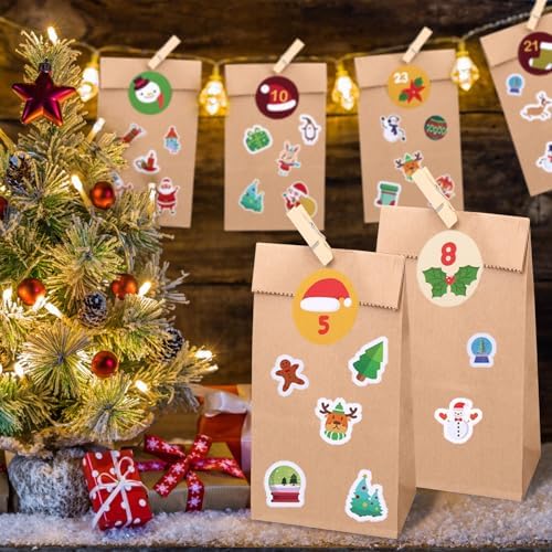 Naler 24 Pcs Christmas Gift Bags, Paper Goodie Bags with Stickers & Clips