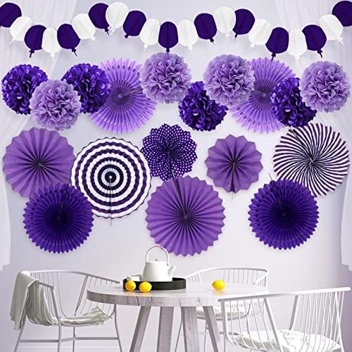 Party Decorations, Purple Papar Fans Pompoms Garlands for Women Girls Mothers Day Bachelorette Wedding Birthday Baby Showers Valentine's Day Party Decorations