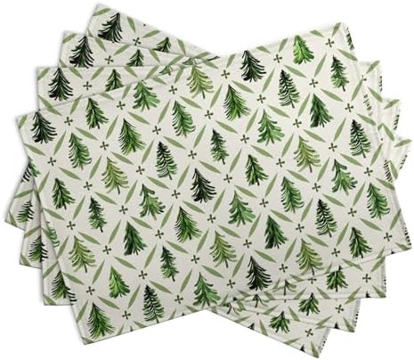 Sage Green Pine Tree Christmas Placemats Set of 4 Xmas Farmhouse Rustic Style Print Place Mat Seasonal Winter Holiday Linen Table Mats for Indoor Outdoor Kitchen Dining Party Decor