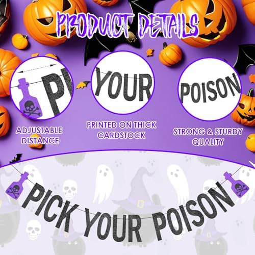Black Glitter Pick Your Poison Banner - Halloween Hanging Paper Garland Bunting Banner with Purple Potion Bottle Decorations, Photo Backdrop for Wall Home Mantel Office Wall Scary Party Supplies