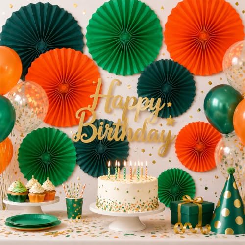 Paper Round Fan Set (12 Pcs) - 8/10/12/14 Inch Grass Green, Dark Green, Orange Hanging Paper Fans for Graduation, Birthday, Sports Party, Classroom, Baseball Party, Shop Window Decor
