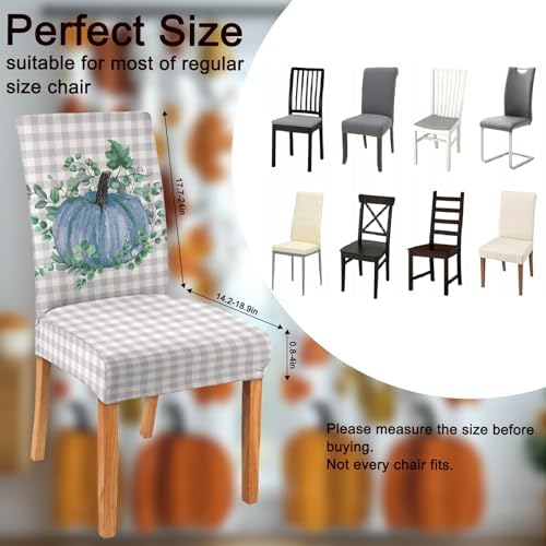 4 Pcs Fall Chair Covers for Dining Room, Thanksgiving Stretch Removable Dining Chair Cover Set of 4, Autumn Blue Pumpkin Chair Slipcovers Seat Protector for Fall Restaurant Decor