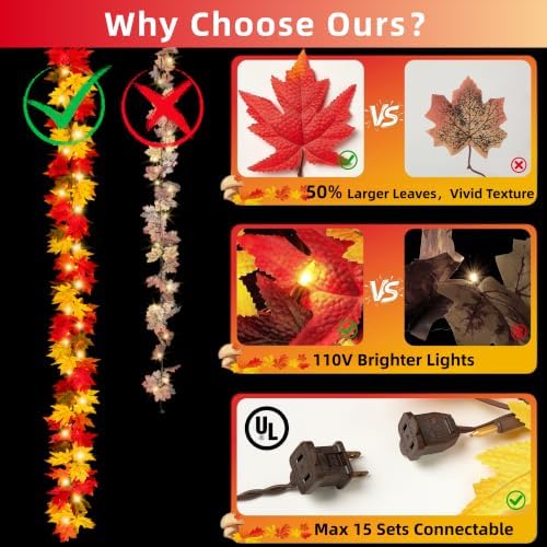 Fall Decor Fall Garland with Lights 9Ft Large Leaves Halloween Decorations