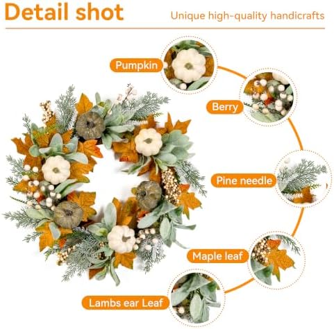 Pinkpum 20" Fall Wreath for Front Door Pumpkin Lambs Ear Wall Decor Autumn
