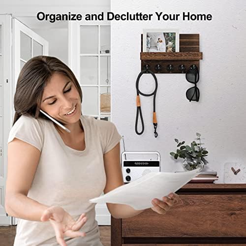 Lwenki Key Holder for Wall, Decorative Key and Mail Holder with Shelf Has Large Key Hooks for Bags, Coats – Paulownia