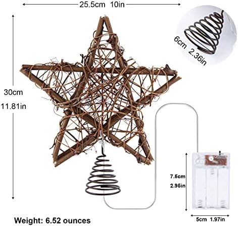 Rattan Natural Star Christmas Tree Topper - Rustic Farmhouse Xmas Treetop with 50 Warm LED Lights for Indoor Christmas Tree Decorations Holiday Seasonal Decor