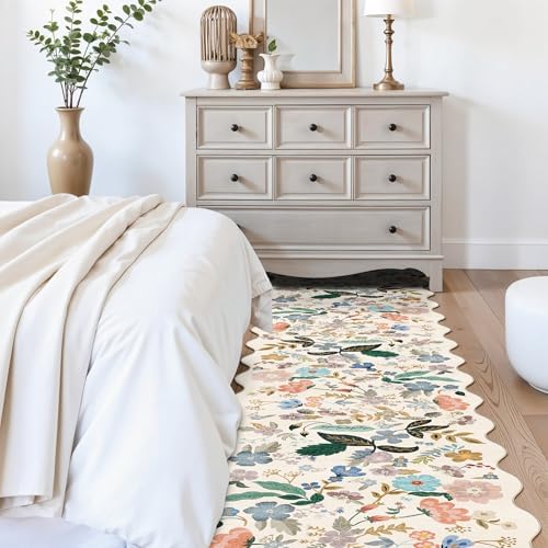 Hallway Floral 2'6x14 Runner Rugs: Washable Scalloped Soft Carpet with Non-Slip Backing for Entryway Kitchen