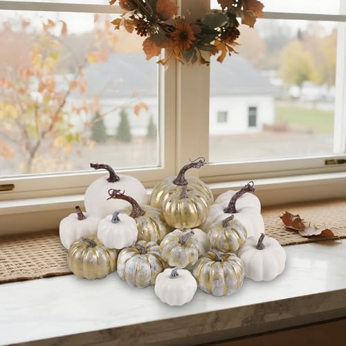 winemana 16 Pcs Golden and White Pumpkins Fall Decorations for Home