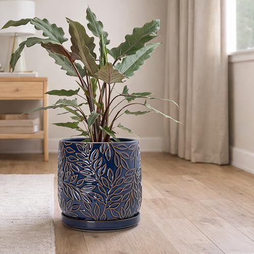 D'vine Dev Embossed Leaves Ceramic Planter, 8 in, Midnight Blue, 27-A-Q-3