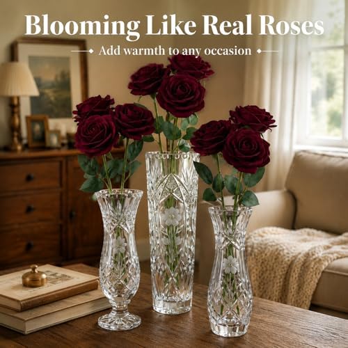 60 Pcs Burgundy Velvet Artificial Roses Flowers Real Looking Silk Faux Roses Bulk Long Stems for Wedding Centerpieces,DIY Floral Arrangements,Home Decor,Anniversary,Valentine's Day