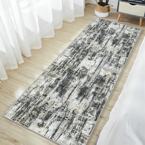 2'6''x8' Runner Rugs Washable Rug: Modern AbstractBlack Grey Gold Carpet