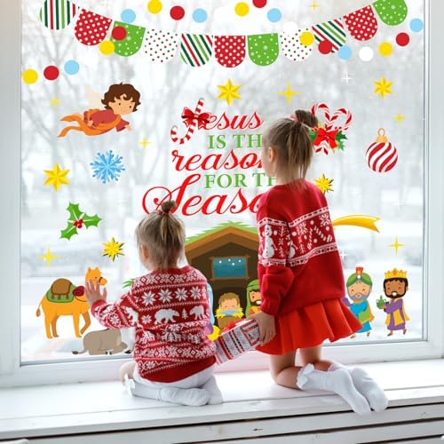 Whaline 9 Sheets Christmas Christian Window Cling Stickers Jesus Nativity Scene Window Decals Xmas Cartoon Reusable Decoration for Holiday Party Home Classroom