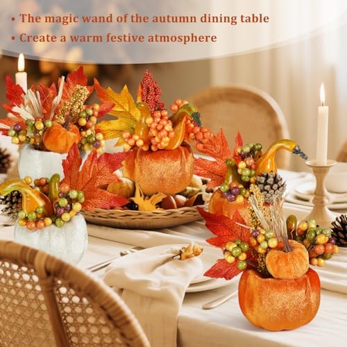 Artmag Set of 6 Artificial Pumpkins Decorations, Decorative Fabric Orange Pumpkin with Maple Berry Acorn Pine Cone Vegetables for Fall Thanksgiving Harvest Party Home Tabletop
