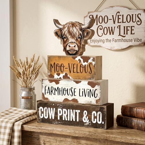 Britimes Tiered Tray Decor Set, 4 Pack, Wooden Table Sign, Highland Cow