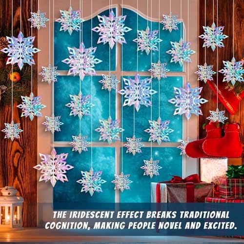 15PCS Christmas Hanging Snowflakes Decorations, 3D Iridescent Paper Snowflakes, Large Snow Flakes Ornaments for Christmas Party Winter Wonderland New Year Home Decor