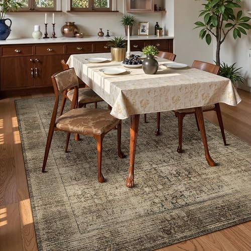 Washable Area Rug 8' x 10' Vintage Traditional Persian Mat - Foldable Distressed Non-Slip Machine Washable Carpet for