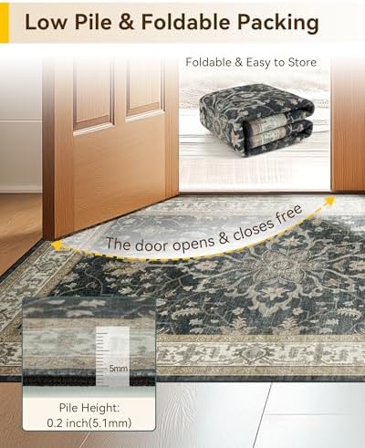 RELEANY Washable Area Rug, Runner 2'x8', Black/Vintage/Beige