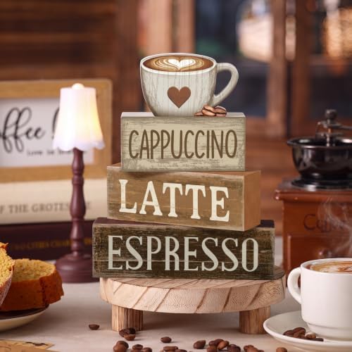 Lineshading 4 Pcs Farmhouse Coffee Bar Signs, Wooden Coffee Stacked Blocks