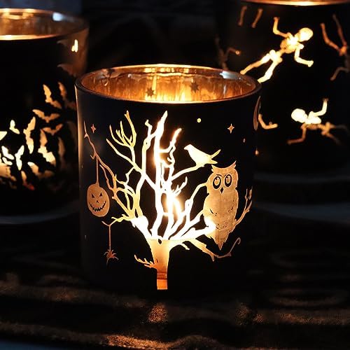 SHMILMH Halloween Glass Candle Holders Set of 4, Votive Tealight Holder Candle Jar for Making Candle, Halloween Office Kitchen Mantel Table Centerpiece Decoration