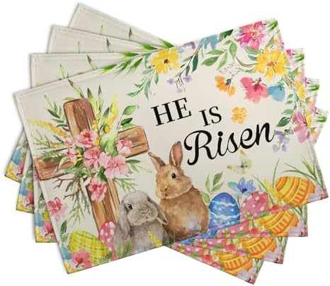 He is Risen Easter Placemats Set of 4 12x18 Inch Bunny Floral Cross Table Mats Spring Rabbit Flowers Eggs Place Mat for Dining Table Party Kitchen Decoration