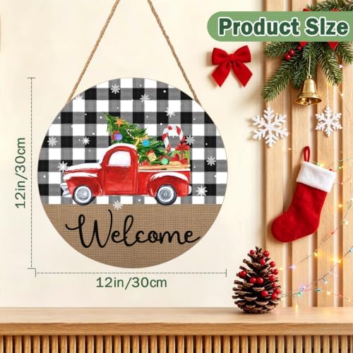 Christmas Welcome Front Door Sign for House Merry Christmas Holiday Decoration Hanging Sign Red Truck Xmas Round Wood Wreaths for Home Wall Porch Yard Garden Farmhouse Xtmas Day 12"x12"