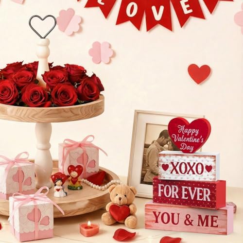 OLANRUN Valentines Day Decorations - 4 Pack Wooden Block Heart Set Signs Valentines Day Table Decor - 7.8 Inch Valentine's Decorations for Home Office Bedroom Tiered Tray Fireplace Mantel