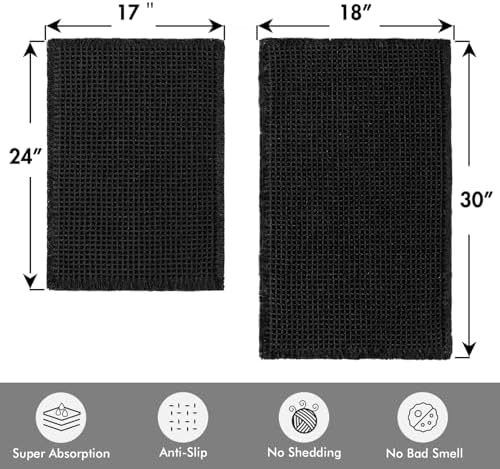 MIULEE Set of 2 Waffle Bathroom Rugs Boho Bath Mat Black 17"x24"+18"x30"