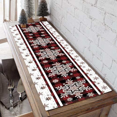 Niviy Snowflakes Christmas Table Runner with Buffalo Plaid, Winter Xmas Holiday Kitchen Dining Table Decoration for Indoor Outdoor Home Party Decor 13 x 90