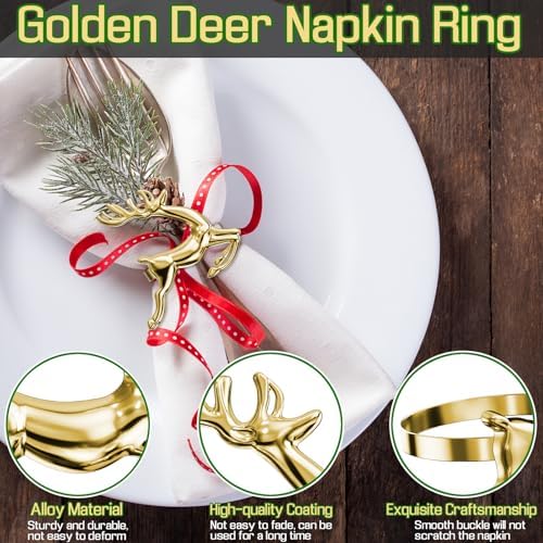 ZeeDix Christmas Gold Reindeer Napkin Rings Set of 24 for Table Decoration