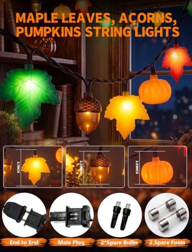 8.5FT 10LED Pumpkin Maple Leaf Acorn Fall String Lights Decorations Plug in