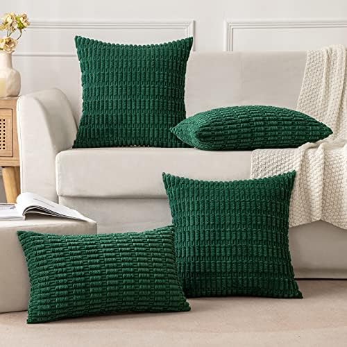 MIULEE Pack of 2 Dark Green Corduroy Decorative Christmas Pillow Covers 12x20 Inch Soft Boho Striped Throw Pillow