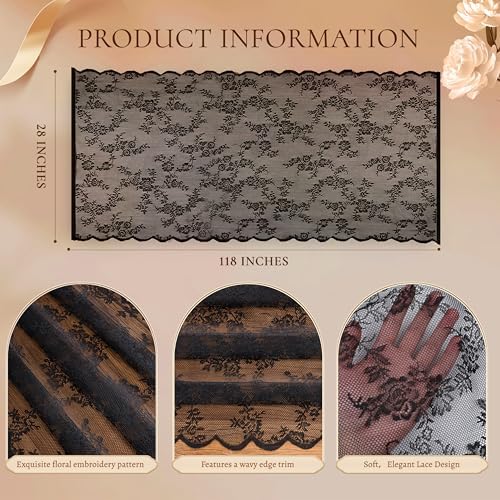Black Lace Table Runner with Floral Embroidered (3pcs, 28”x118”)