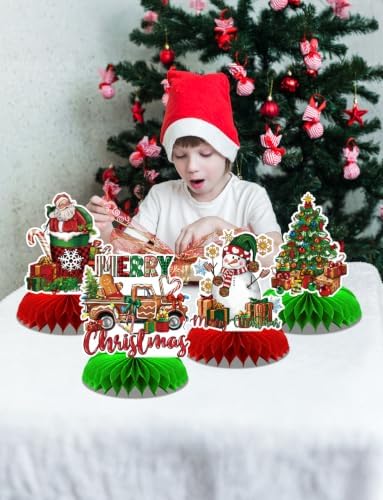 Christmas Party Table Decorations, 9Pcs 3D Christmas Honeycomb Centerpieces with Santa Claus & Snowman Designs, Festive Table Toppers for Winter Christmas Party Supplies