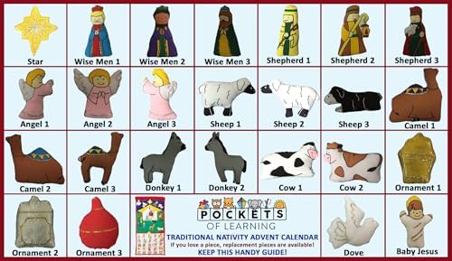Joy To The World Traditional Nativity Advent Calendar by Pockets of Learning | Holiday Décor, Crèche Manger Scene, Christmas Fabric Wall Hanging, Seasonal Cloth Countdown