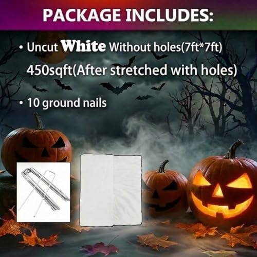 450 Sqft （After Streched with Holes）Uncut DIY Giant Spider Web Halloween Decorations Outdoor with 10 Ground Nails Stretchy Beef Cloth Netting Roll Cut-Your-Own Flexible Elastic for Yard Party Decor