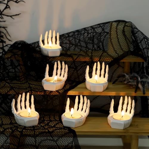 FORUP 6 Pack Skeleton Hand Tea Light Candle Holders, Halloween Candle Holder, Halloween Home Table Decoration, Dia.1.57", White