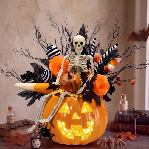 Wiwiqing Halloween Decorations Pumpkin Vase Ornaments with Black and Orange Branch Bow Flower Soil, DIY Spooky Halloween Ghosts Skull Face Pumpkin Vase Crafts, Retro Table Centerpiece Decor