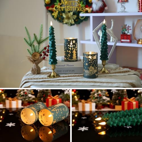 MUMCHASI Chritsmas Tree Flameless Candles, Real Wax Christams LED Taper Candles, Battery Operated Candles, Flickering Candlesticks for Home Christmas Decor Gifts, Green, Remote Control