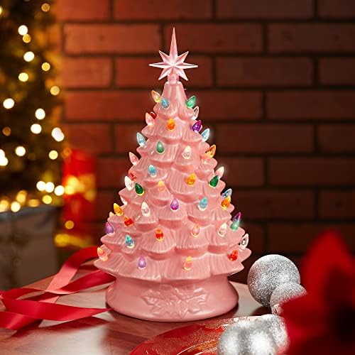 Casafield Hand Painted Ceramic Christmas Tree, Pink 15-Inch Pre-Lit Tree with 128 Multi Color Lights and 2 Star Toppers