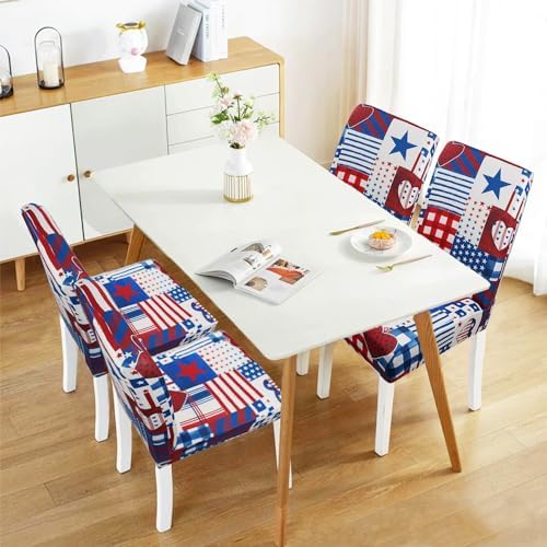 Dining Room Independence Day Chair Covers Set of 4,4th of July Plaid Stitching Dining Chair Cover,Elastic Removable and Washable Dining Chair Cover,Suitable for 4th of July Kitchen Dining Room Decor