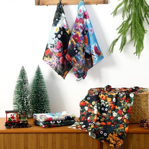 Redbaker 6 Pcs Black Cat Kitchen Towels Retro Wildflower Floral Dishcloth